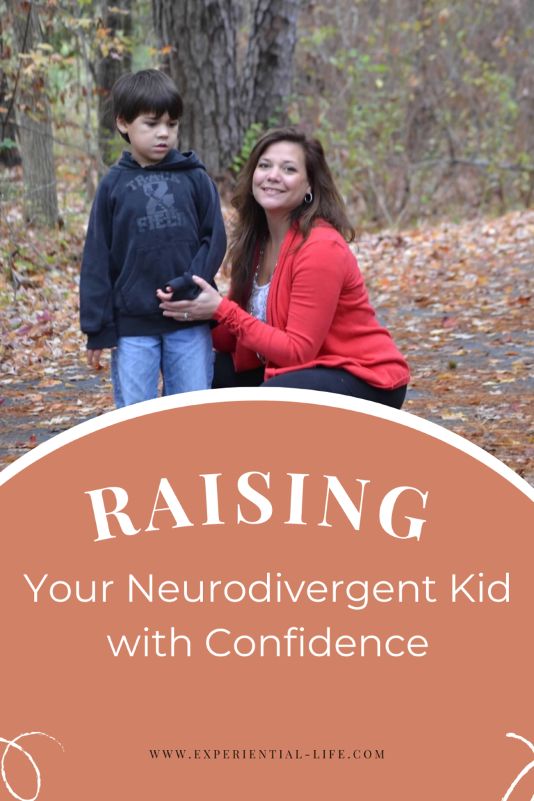 Christy kneels to the right of her autistic son. They are outside during autumn, on a paved path. Fallen leaves surround them. The caption reads, "Raising a Neurodivergent Kid with Confidence."