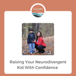 Christy and her autistic son are on a paved path surrounded by fallen leaves. The title reads, "Raising Your Neurodivergent Kid With Confidence."