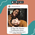 A polaroid picture of a mother and her autistic son are centered over a colorful graphic. The caption reads, "5 Tips for Better Communication With Your Neurodivergent Child's Provider."