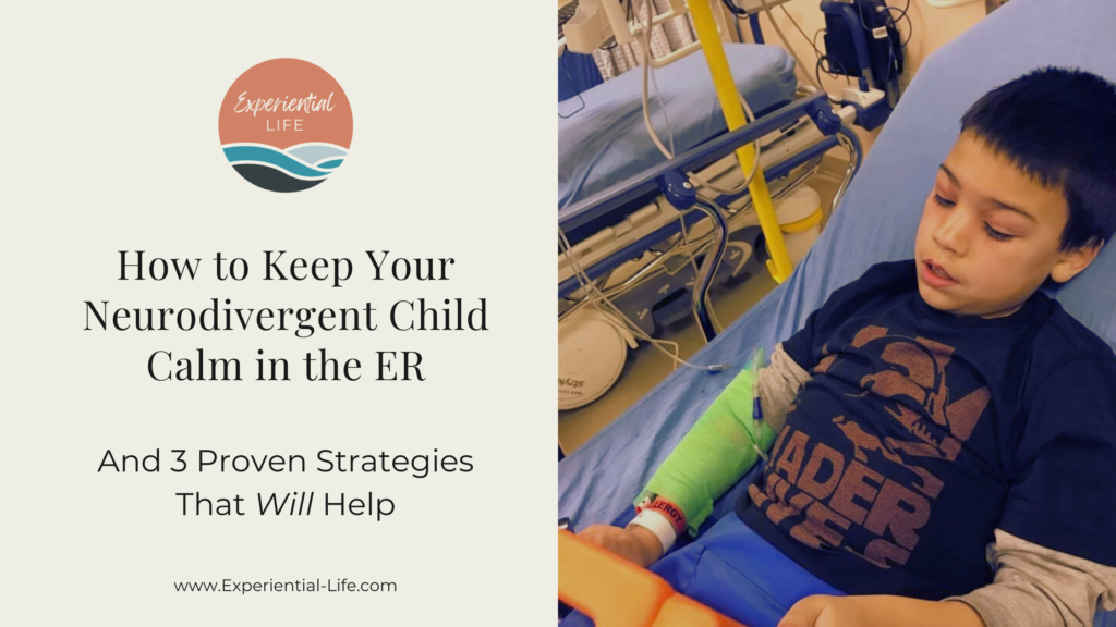 C, Christy's autistic son, sits in the ER with his orange iPad in his lap, a bright green wrap around his arm holding his IV in place, and eyes bright red and almost swollen shut. To the left the caption reads, "How to Keep Your Neurodivergent Child Calm in the ER, and Three Proven Strategies that Will Help."