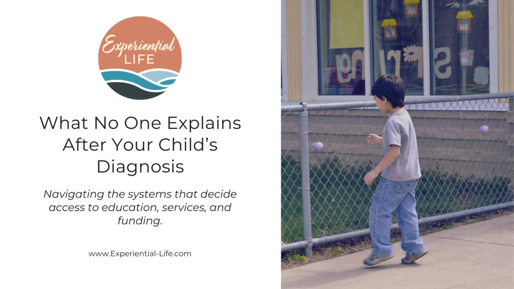 What no on explains after your child's diagnosis: Navigating systems that decide access to education, services, and funding. Image of C standing at the fence of a playground at school. He has short brown hair and is wearing a gray t-shirt and jeans.