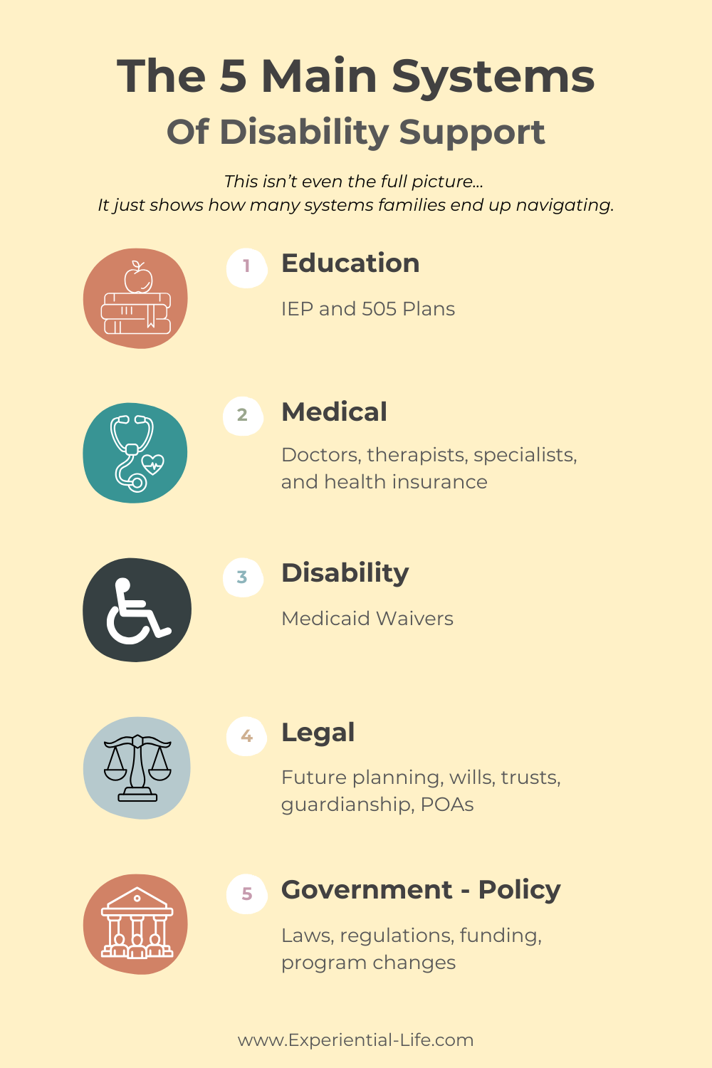 Infographic explaining the five main systems families navigate when raising a disabled child: education (IEP/504), medical care, disability services such as Medicaid waivers, legal planning like guardianship and trusts, and government policy.