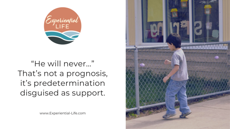 Text reads: “He will never...” That’s not a prognosis, it’s predetermination disguised as support. To the right is a picture of C in his pre-k program, wearing jeans and a gray t-shirt. He is facing the fence of the playground, with his hand outstretched to retrieve a plastic egg from between the diamonds of the chain link fence.